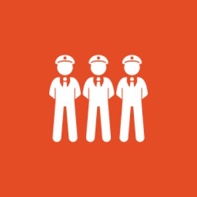 Three uniformed figures on orange background