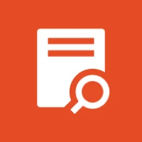 White search icon on red square.